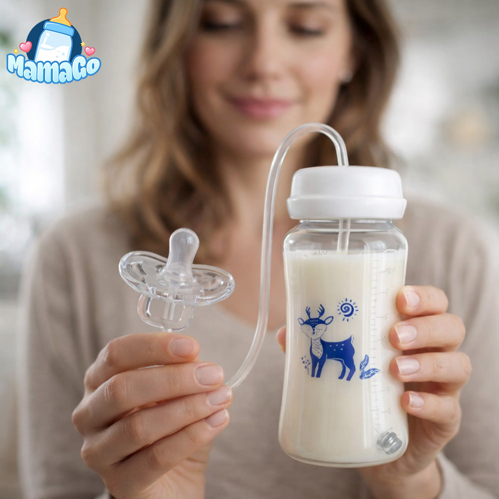 Mama trzyma butelkę MamaGO ze smoczkiem podającym
