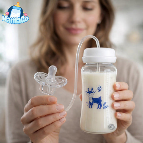 Mama trzyma butelkę MamaGO ze smoczkiem podającym